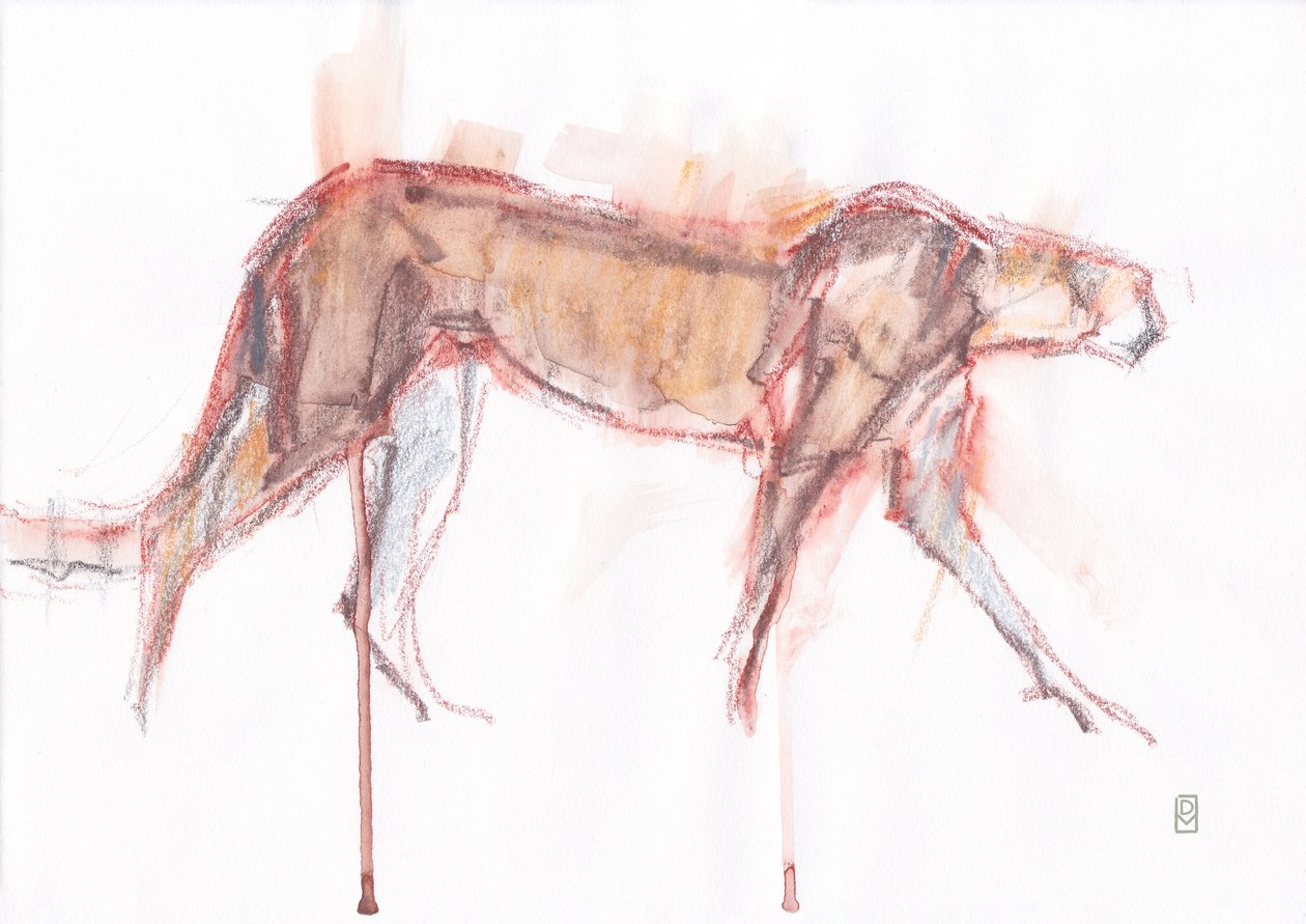 Caza de guepardos, 2019 (crayón/acuarela sobre papel) de David Mayer
