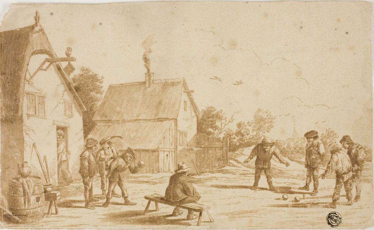 Hombres jugando a la petanca fuera de la taberna de David Teniers the Younger