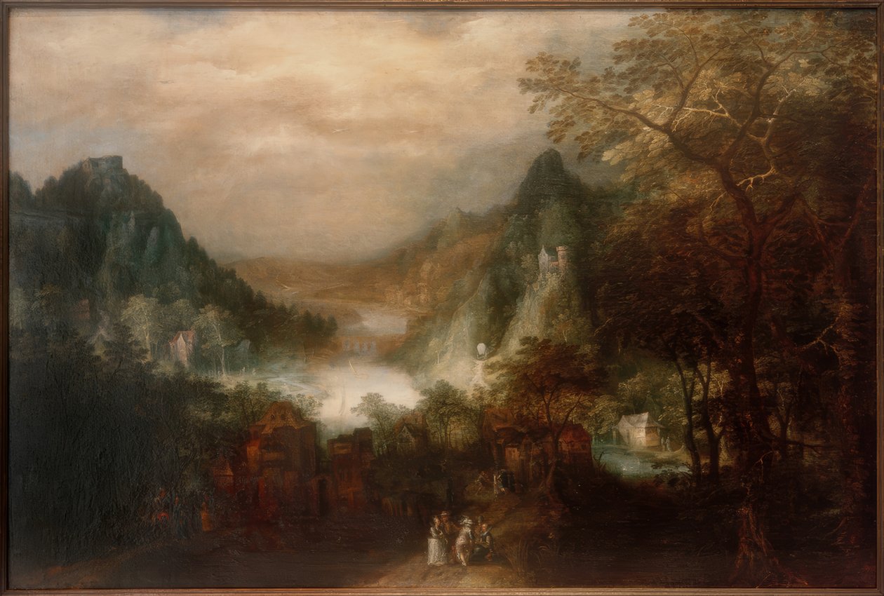 Paisaje fluvial de montaña con figuras elegantes de David Vinckeboons