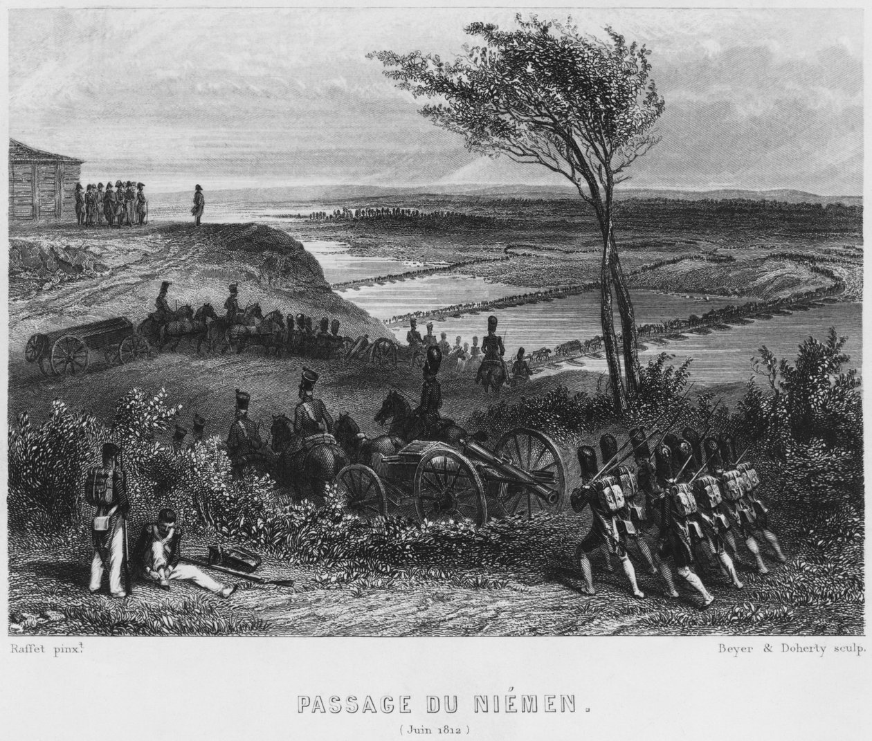 Cruzando el río Niemen en junio de 1812, grabado por Beyer y Doherty de Denis Auguste Marie Raffet