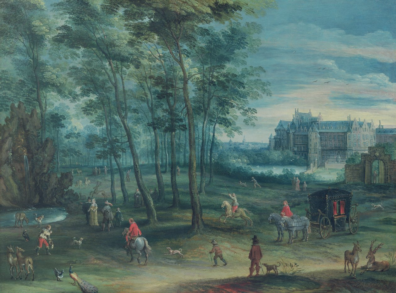 El parque del palacio Virreinal, Bruselas, con compañía elegante junto a una fuente, c.1600 de Denys van Alsloot
