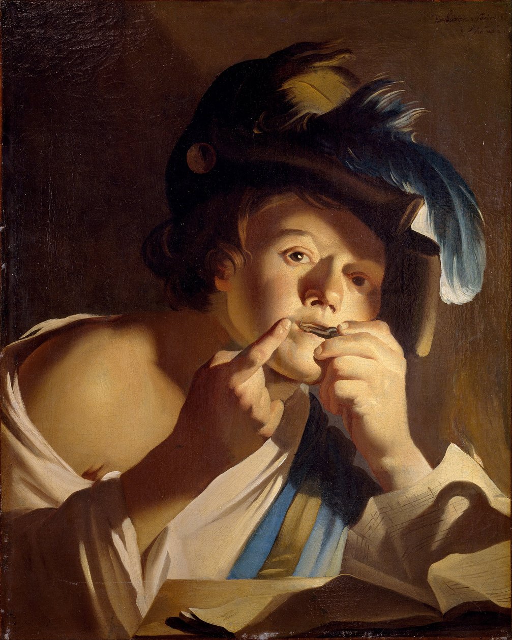Joven con arpa de boca de Dirck van Baburen