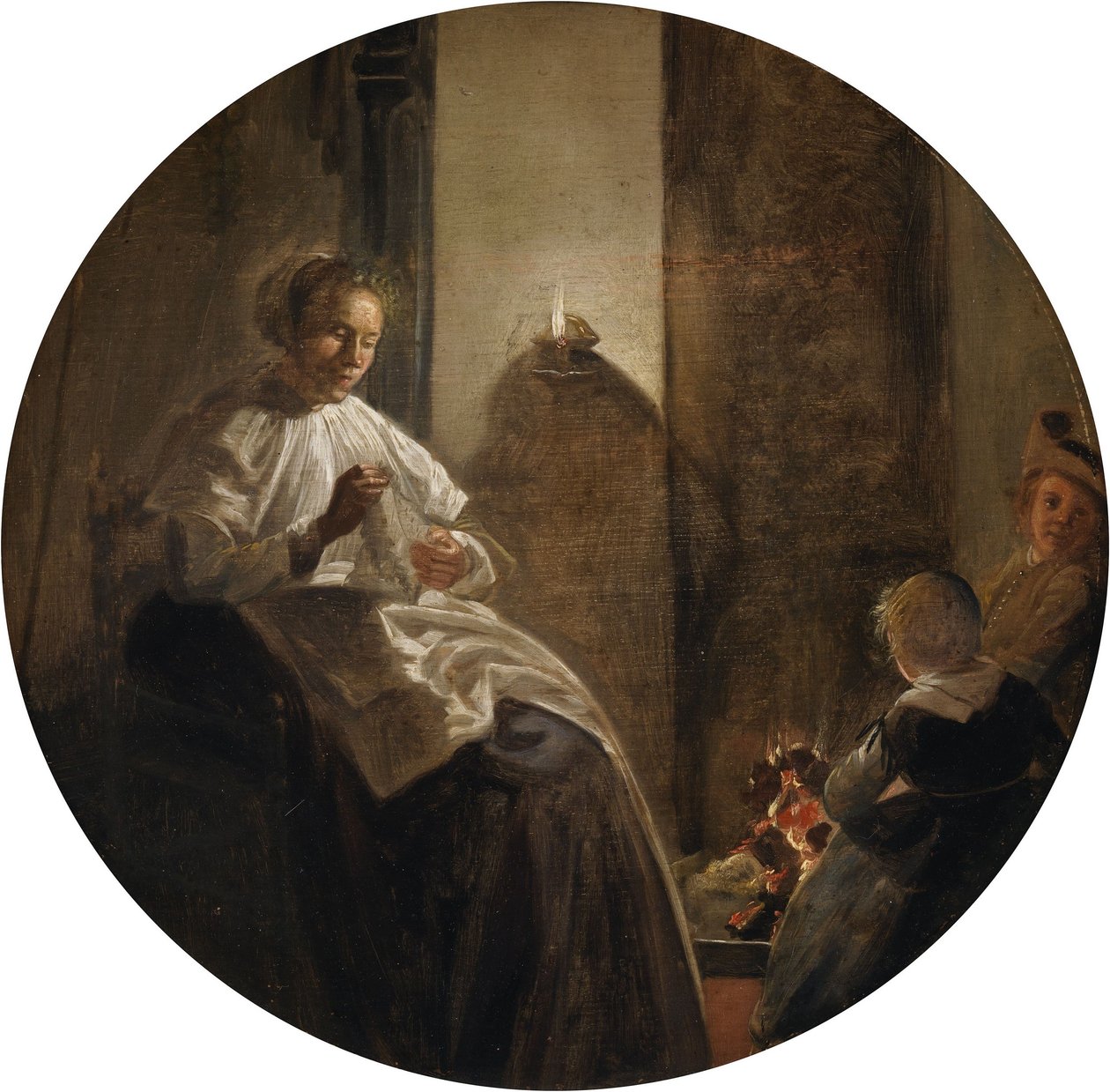 Una mujer cosiendo a la luz de las velas de Dirck Hals