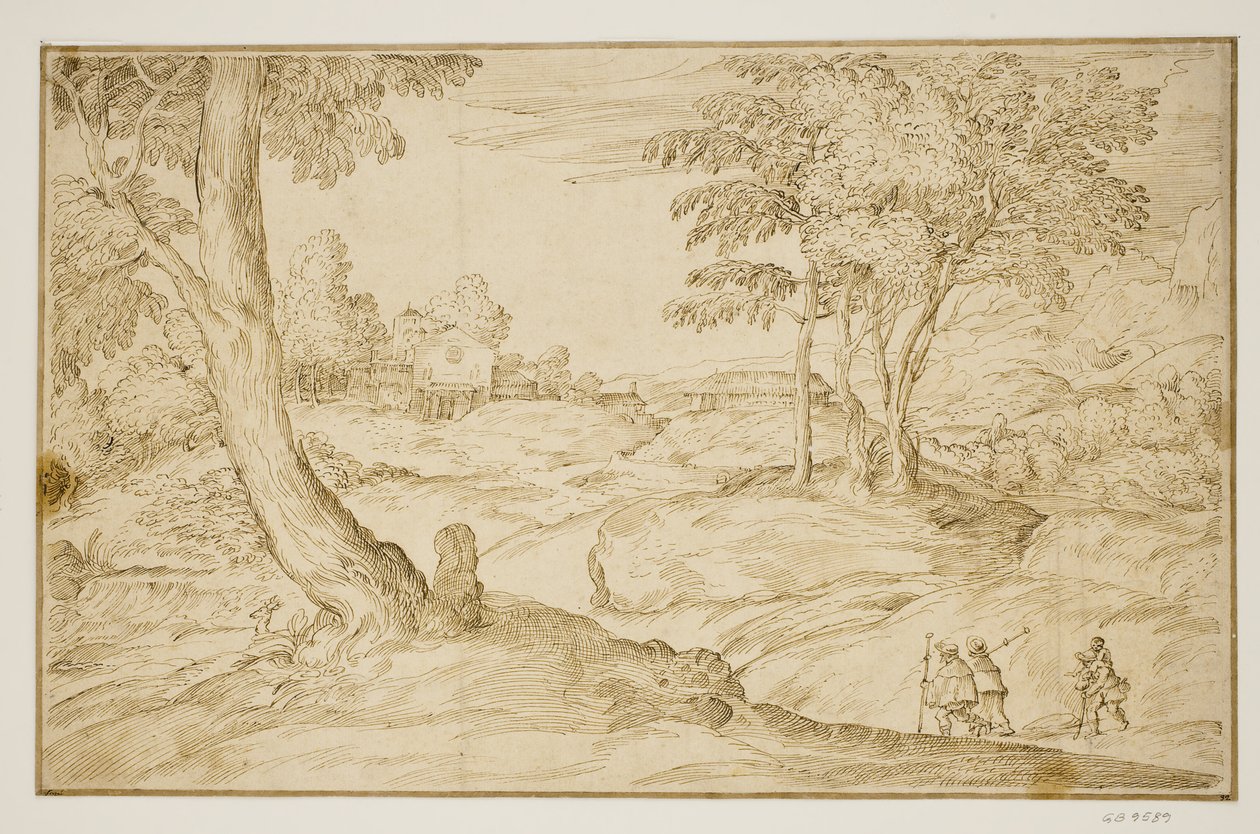Paisaje con peregrinos acercándose a una iglesia de Domenico Campagnola