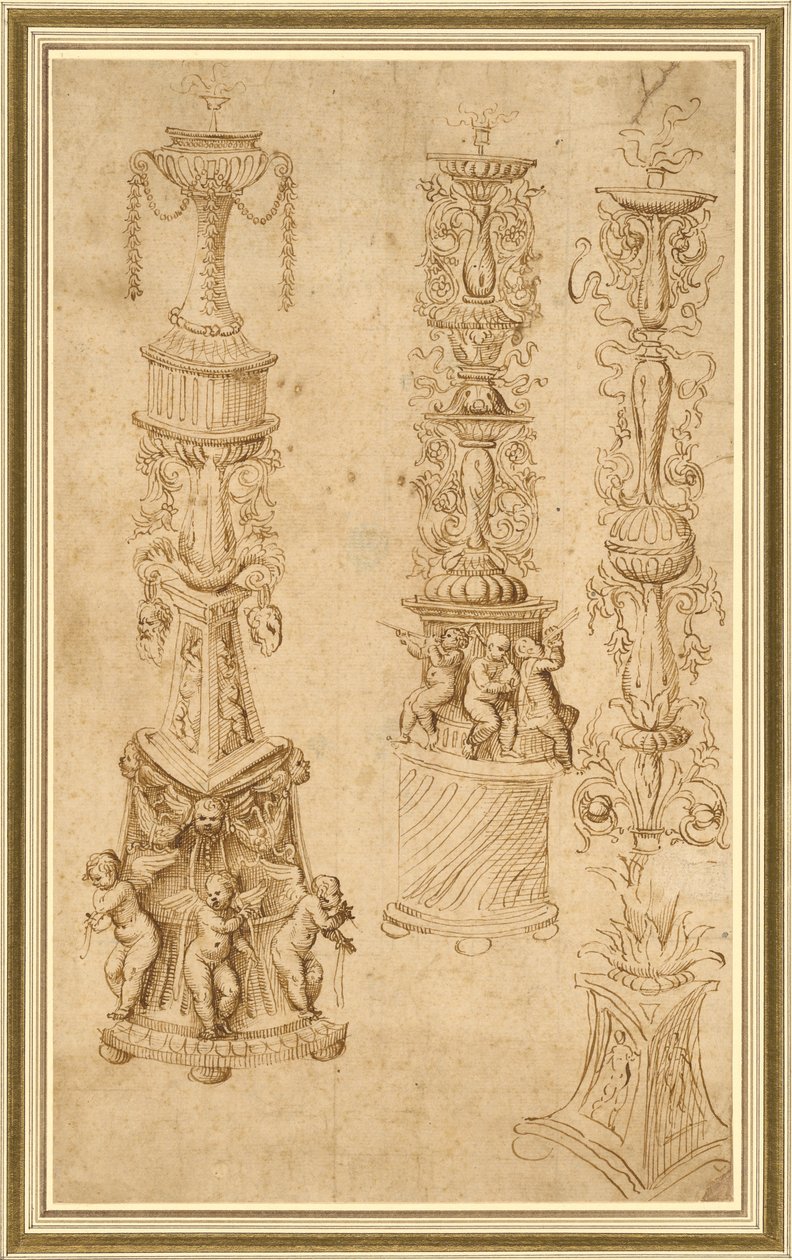 Estudios de tres candelabros de Domenico Campagnola