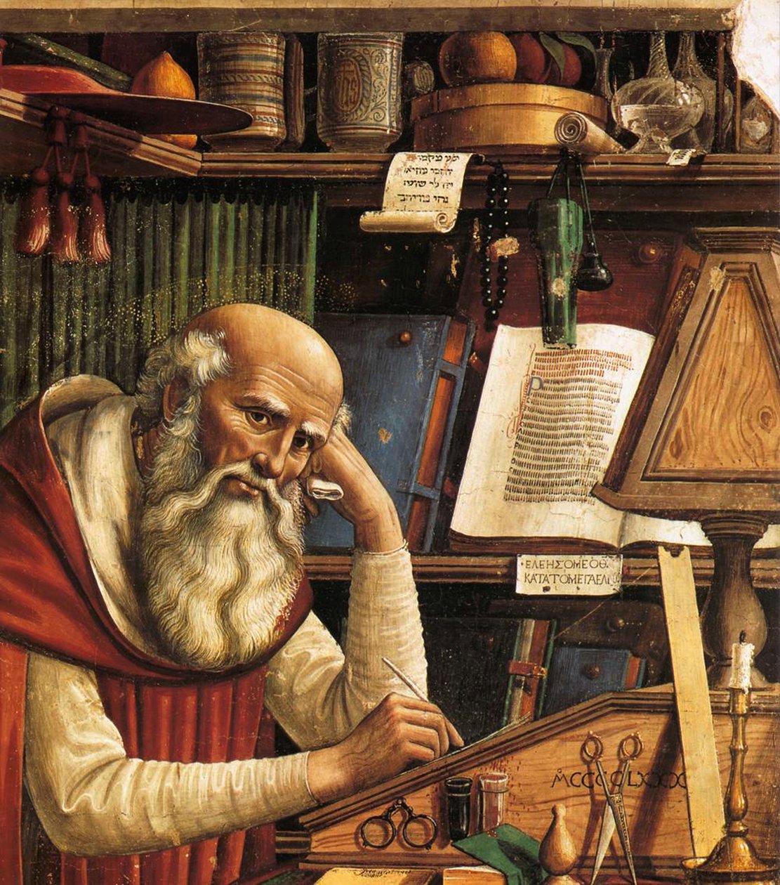 San Jerónimo en su estudio (detalle), 1480 de Domenico Ghirlandaio