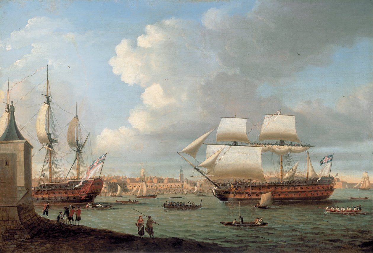 Foudroyant y Pégase entrando en el puerto de Portsmouth, 1782 de Dominic Serres