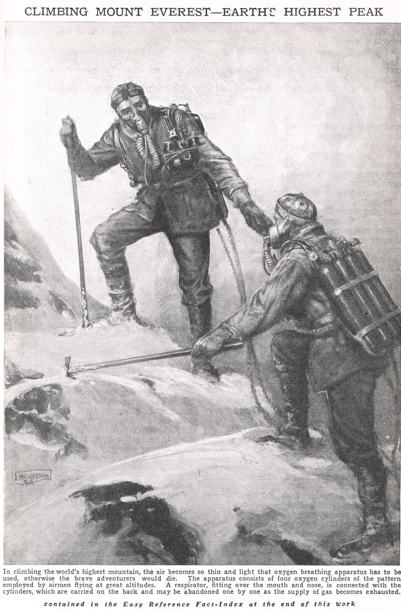 Escalando el Monte Everest, ilustración del Libro Pictórico de Conocimientos de Newnes, c.1920 de Duncan McPherson