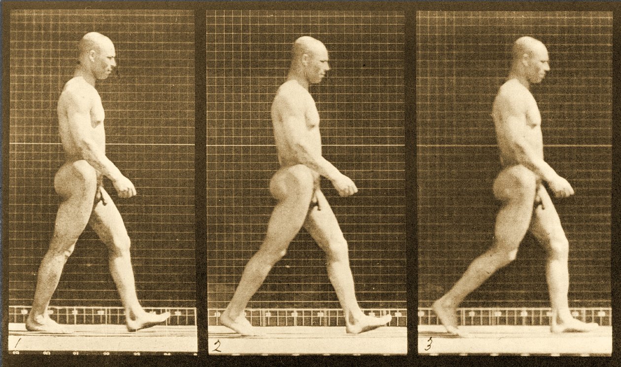 Secuencia de imágenes de un hombre desnudo caminando, serie 