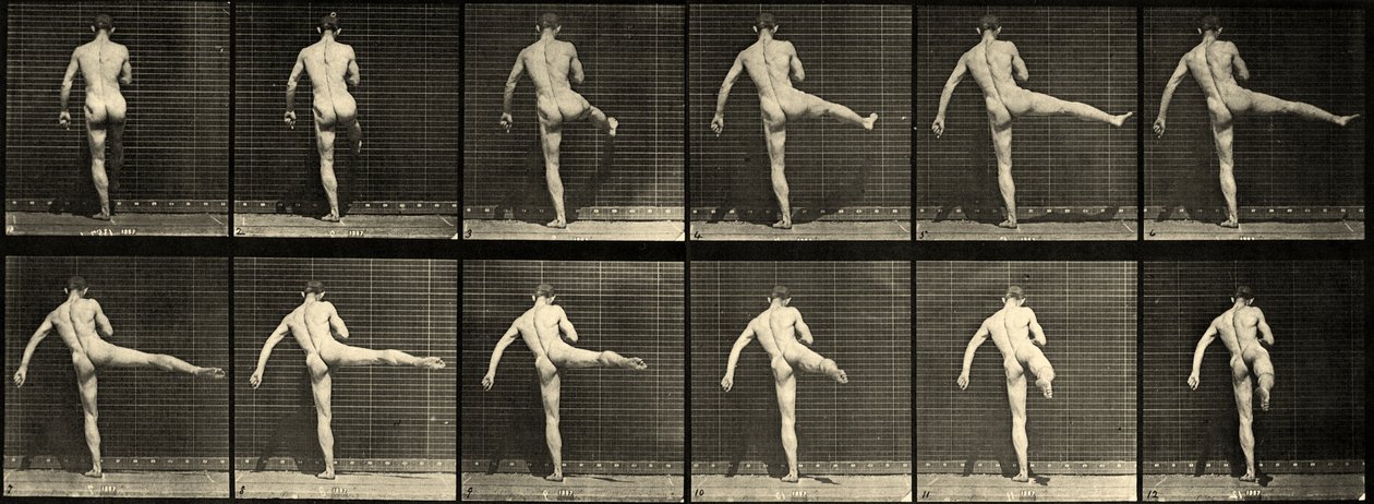 Bailarín de ballet masculino desnudo, Primera acción de ballet, levantando la pierna derecha (Placa 369) c.1887 de Eadweard Muybridge