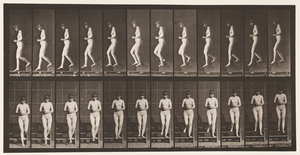 Placa 128. Bajando escaleras, manos entrelazadas de Eadweard Muybridge