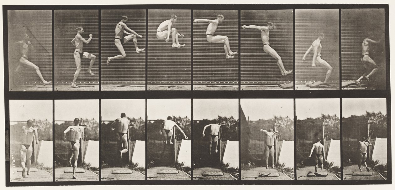 Placa 160. Saltando; Salto de longitud en carrera (zapatos) de Eadweard Muybridge