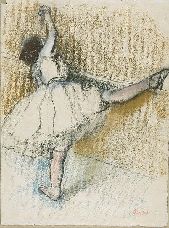 Bailarina estirándose en la barra de Edgar Degas