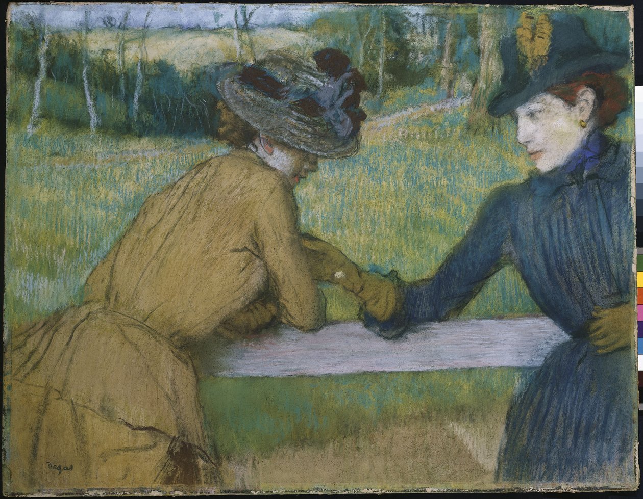 Dos mujeres apoyadas en una barandilla de Edgar Degas