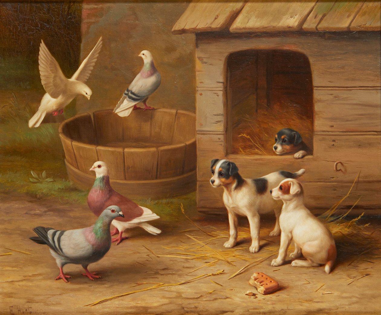 Cachorros y palomas (óleo sobre lienzo) de Edgar Hunt