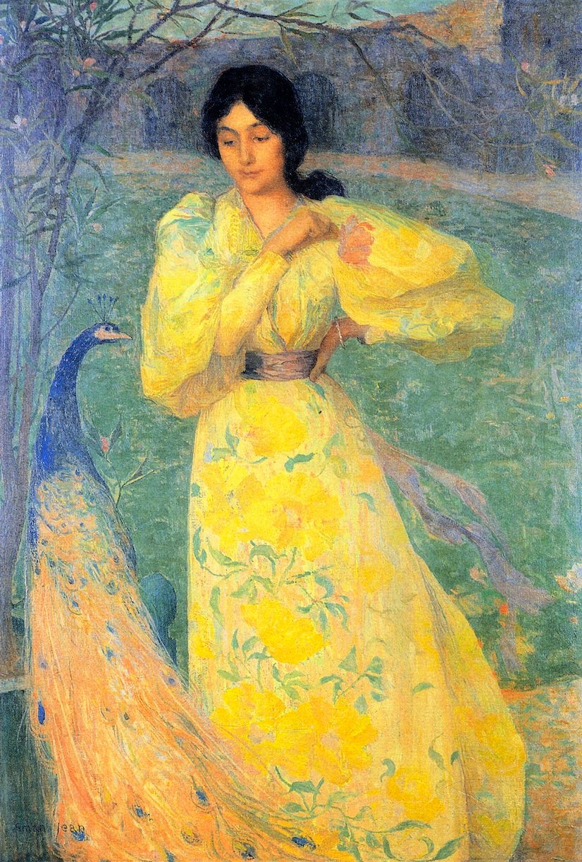 Joven mujer con pavo real de Edmond Aman Jean