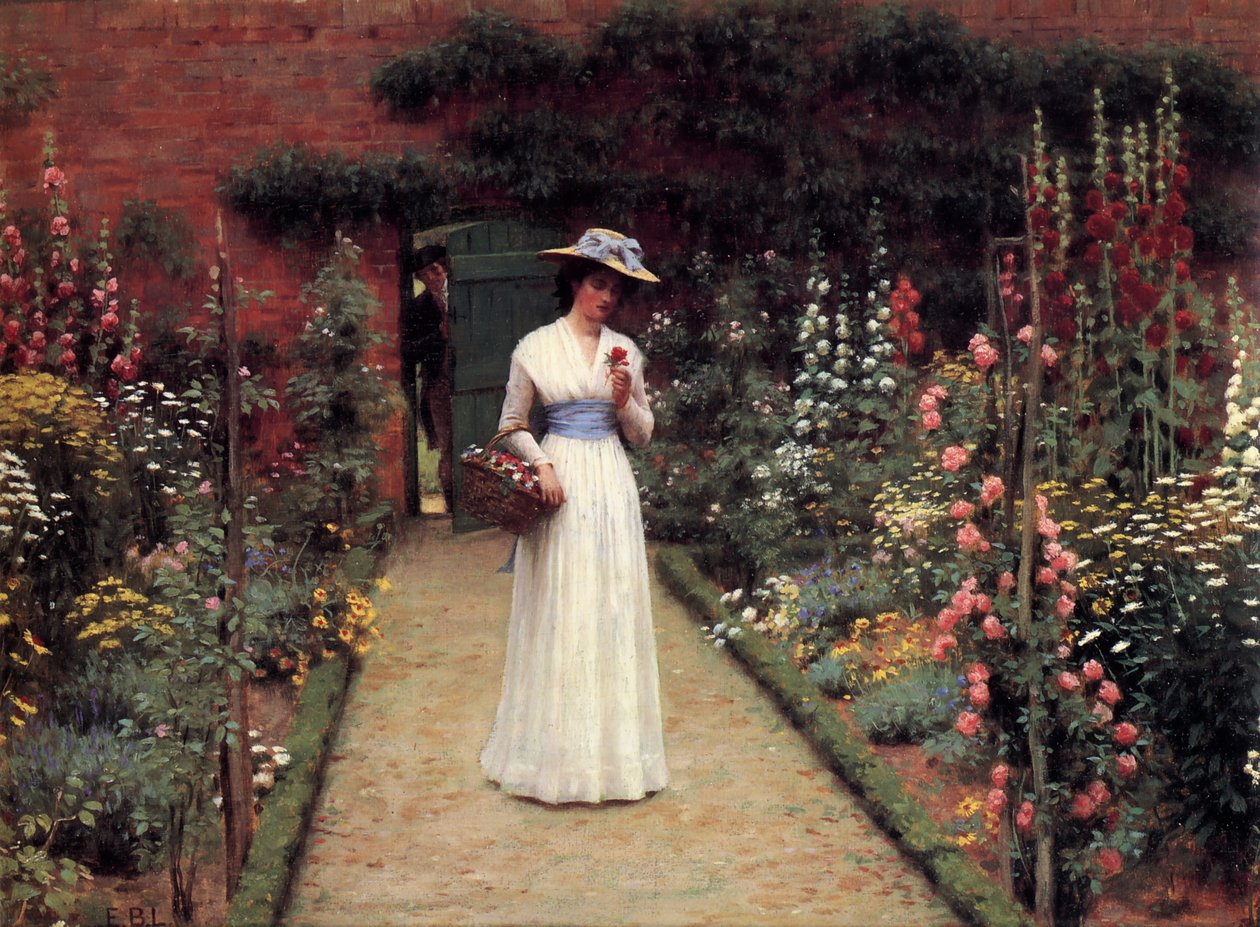Dama en un jardín de Edmund Leighton