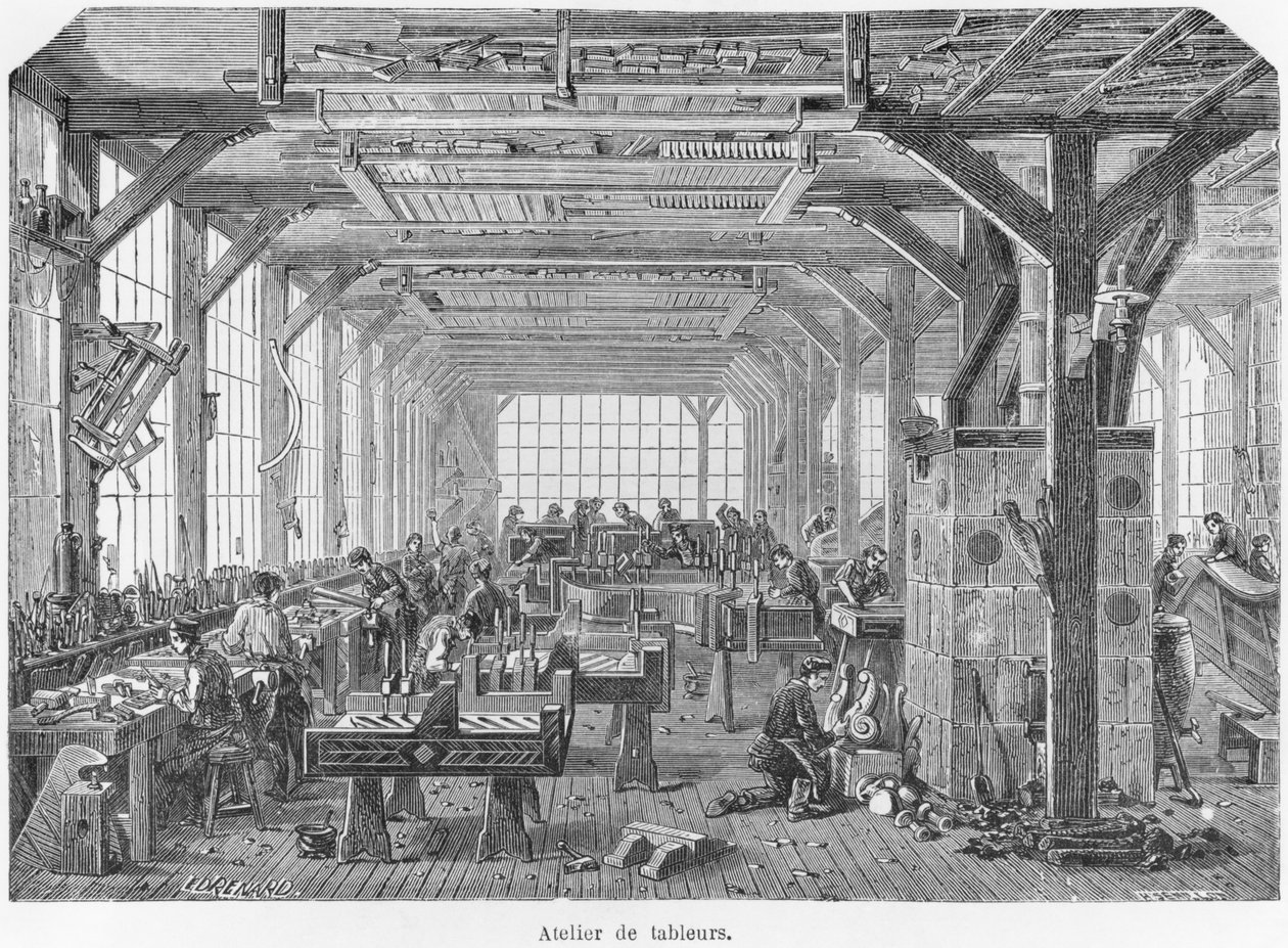 Taller de fabricantes de pianos Pleyel durante el Segundo Imperio, ilustración de 