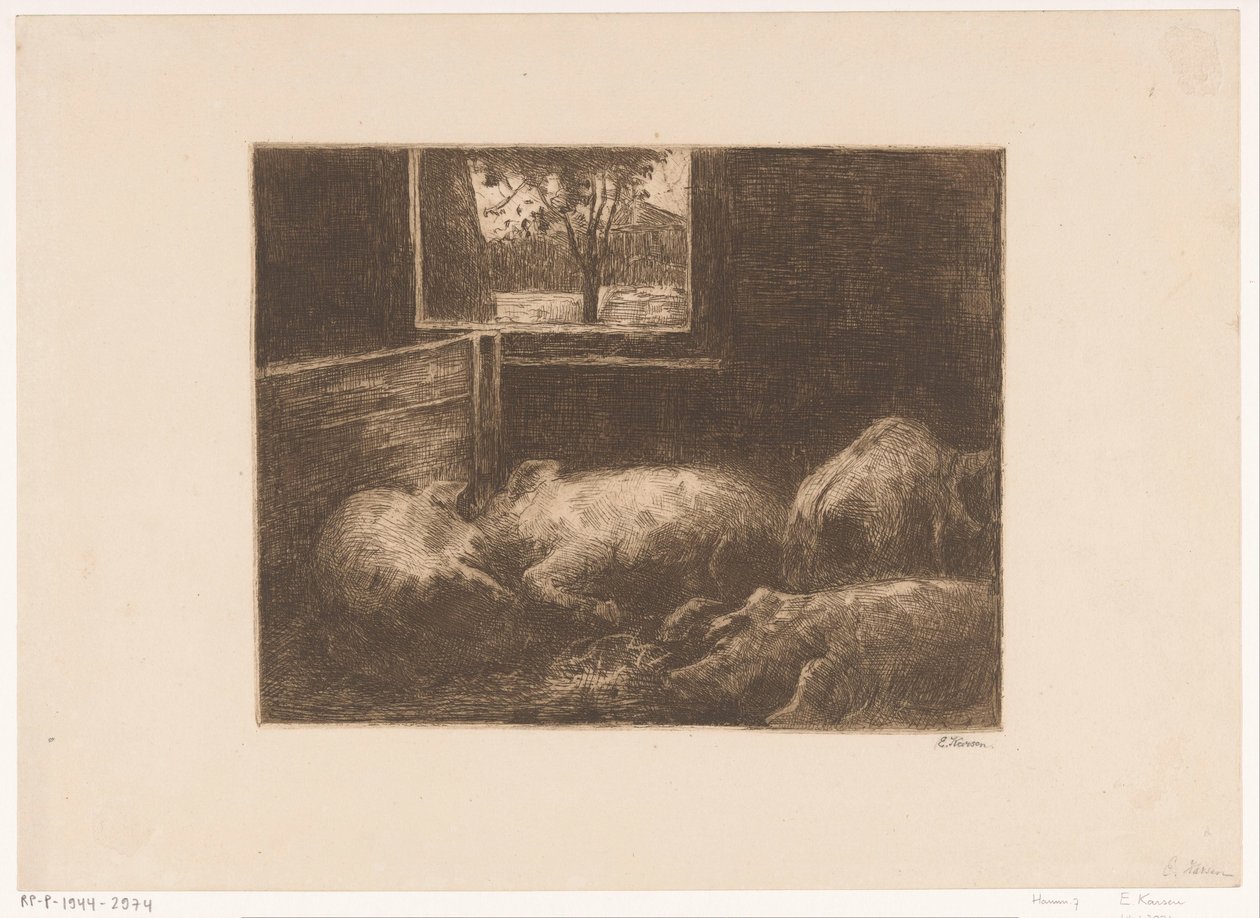Cerdos en un establo de Eduard Karsen (signed by artist)