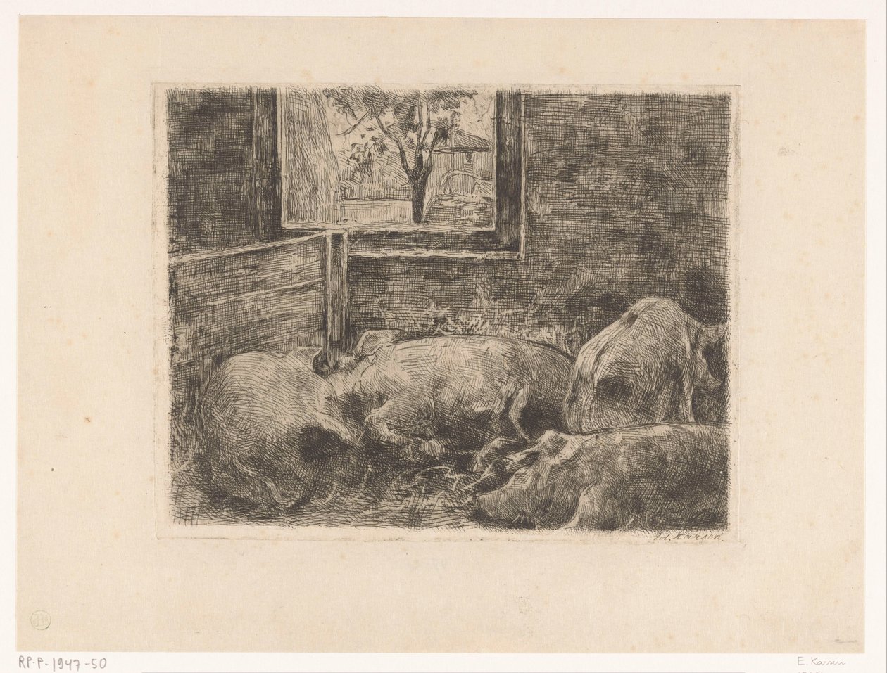 Cerdos en un establo de Eduard Karsen (signed by artist)
