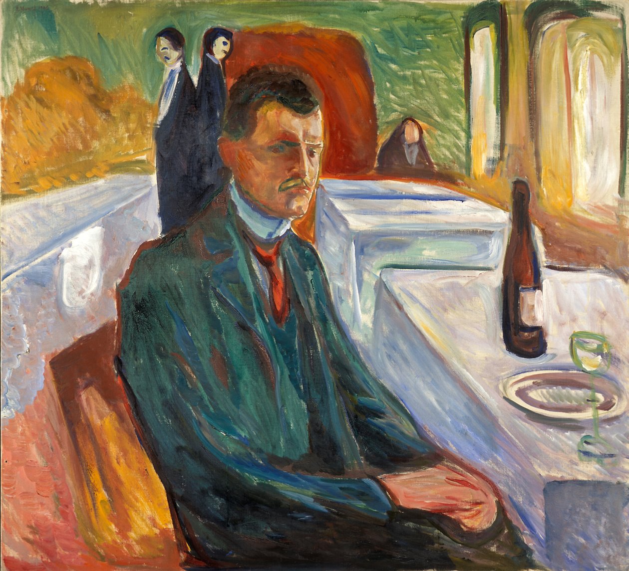 Autorretrato con una botella de vino de Edvard Munch