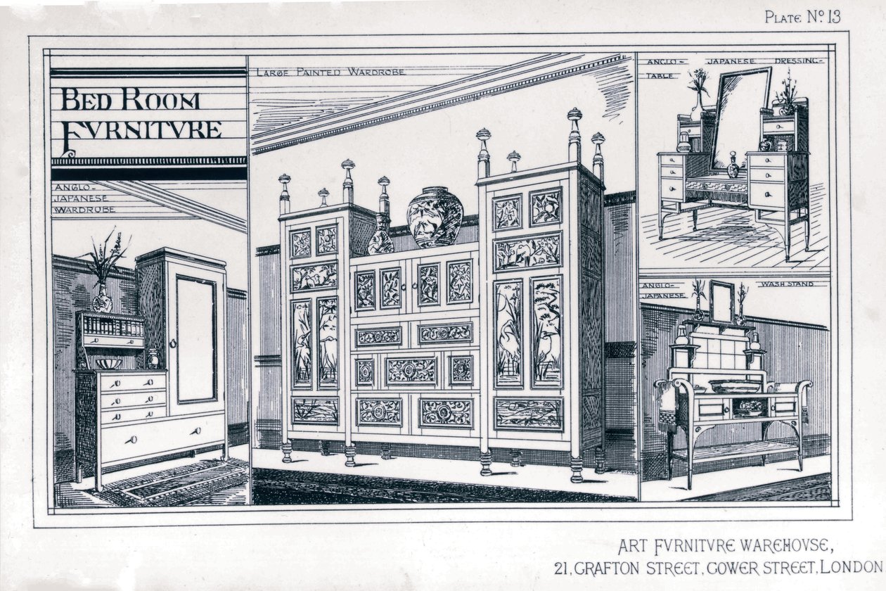 Mobiliario de dormitorio del Art Furniture Warehouse, Placa 13, Godwin Edward William (1833-86), 1876, Fabricante Watt W de Edward William Godwin
