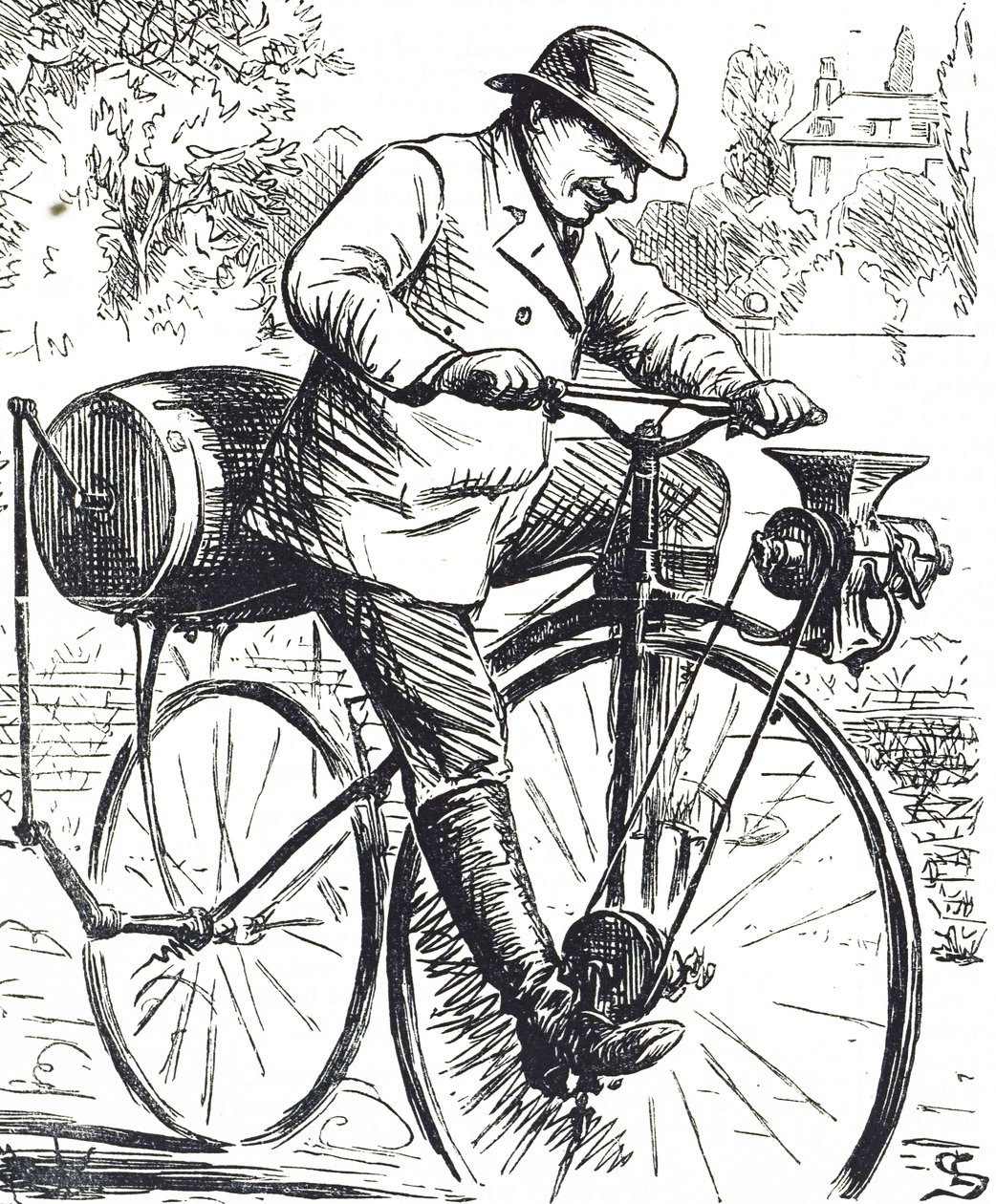 Caricatura que representa una bicicleta molinillo de café de Edward Linley Sambourne
