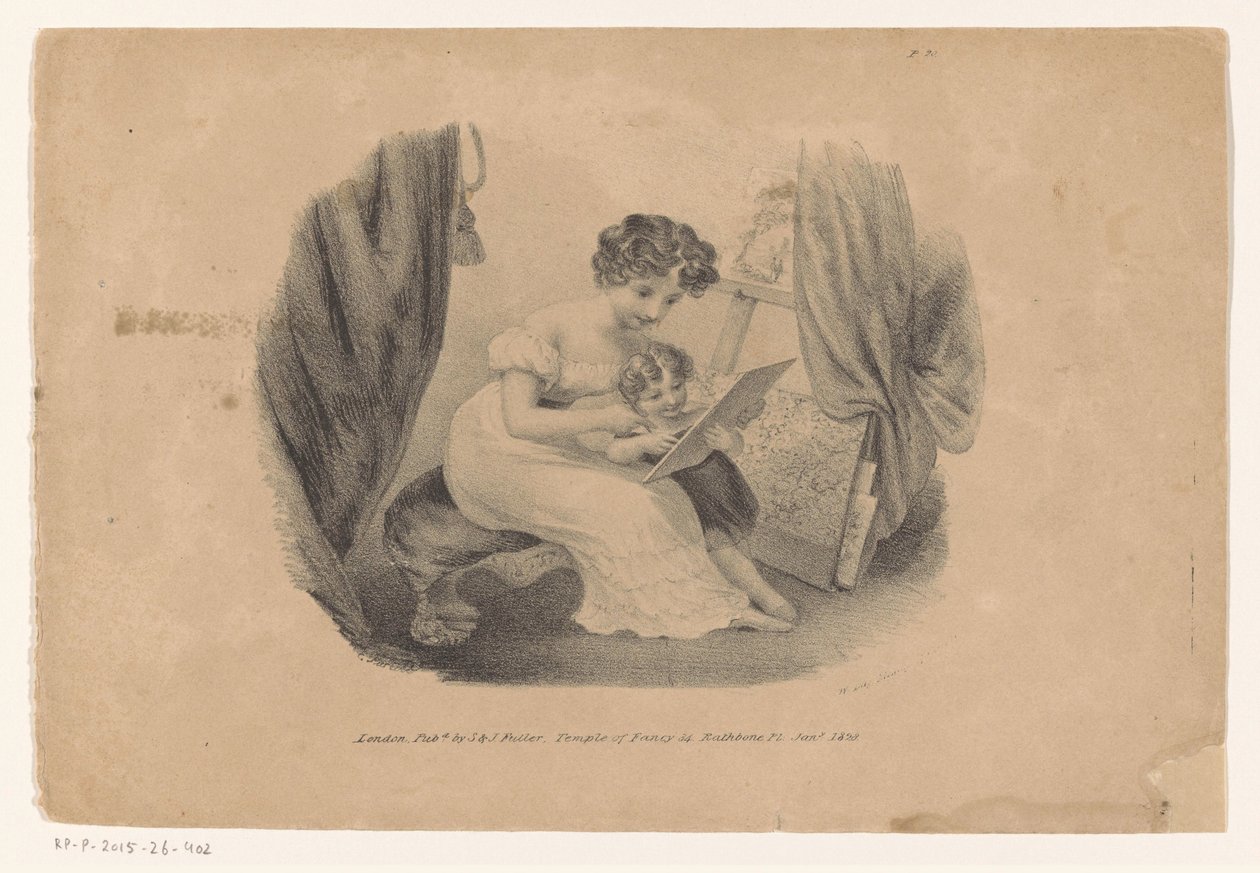 Mujer y niño miran una foto de Edward Purcell