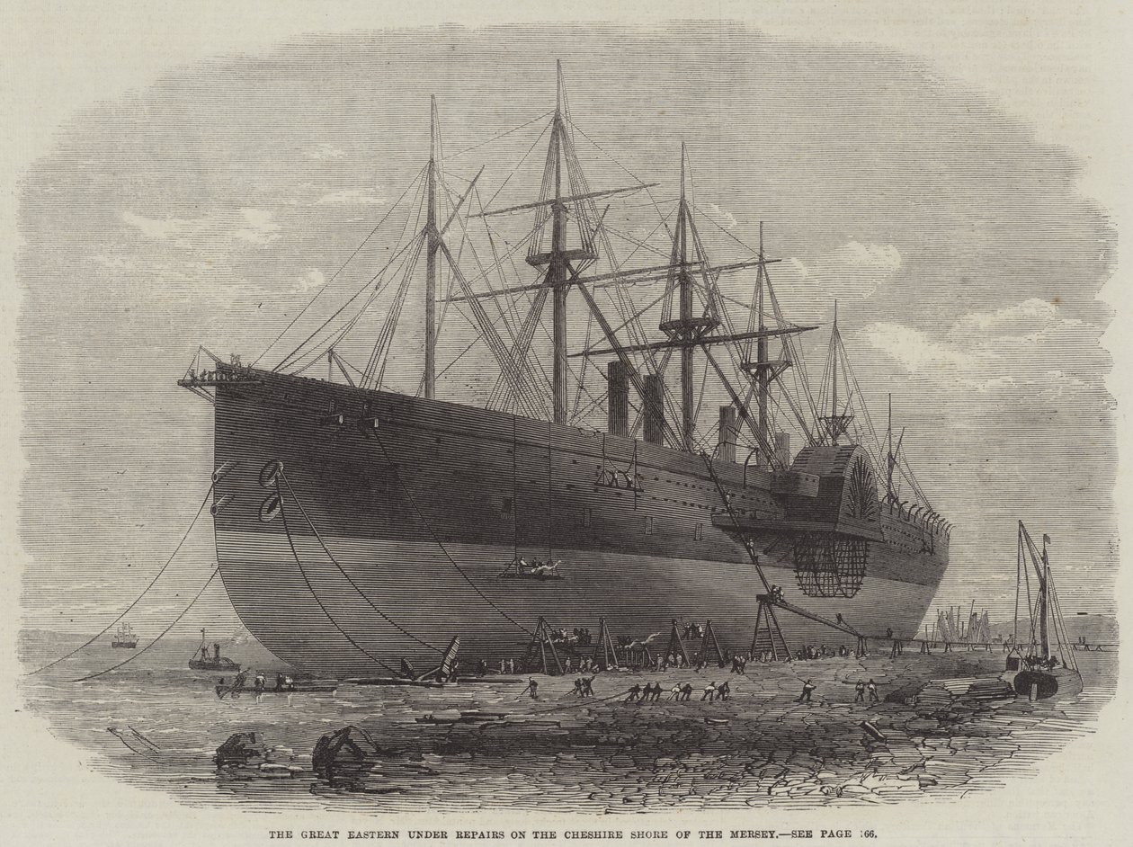 El Great Eastern en reparaciones en la costa de Cheshire del Mersey de Edwin Weedon