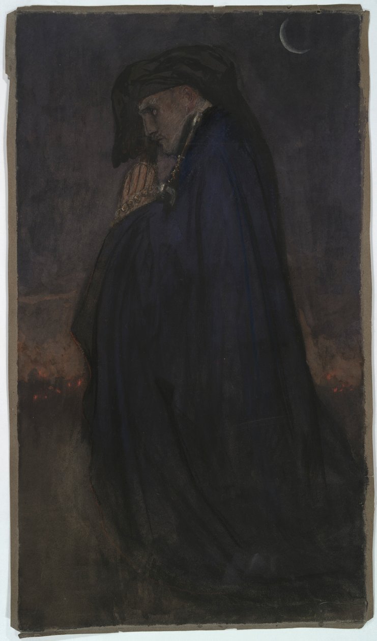 Estudiar. Hombre en capa azul, claro de luna de Edwin Austin Abbey