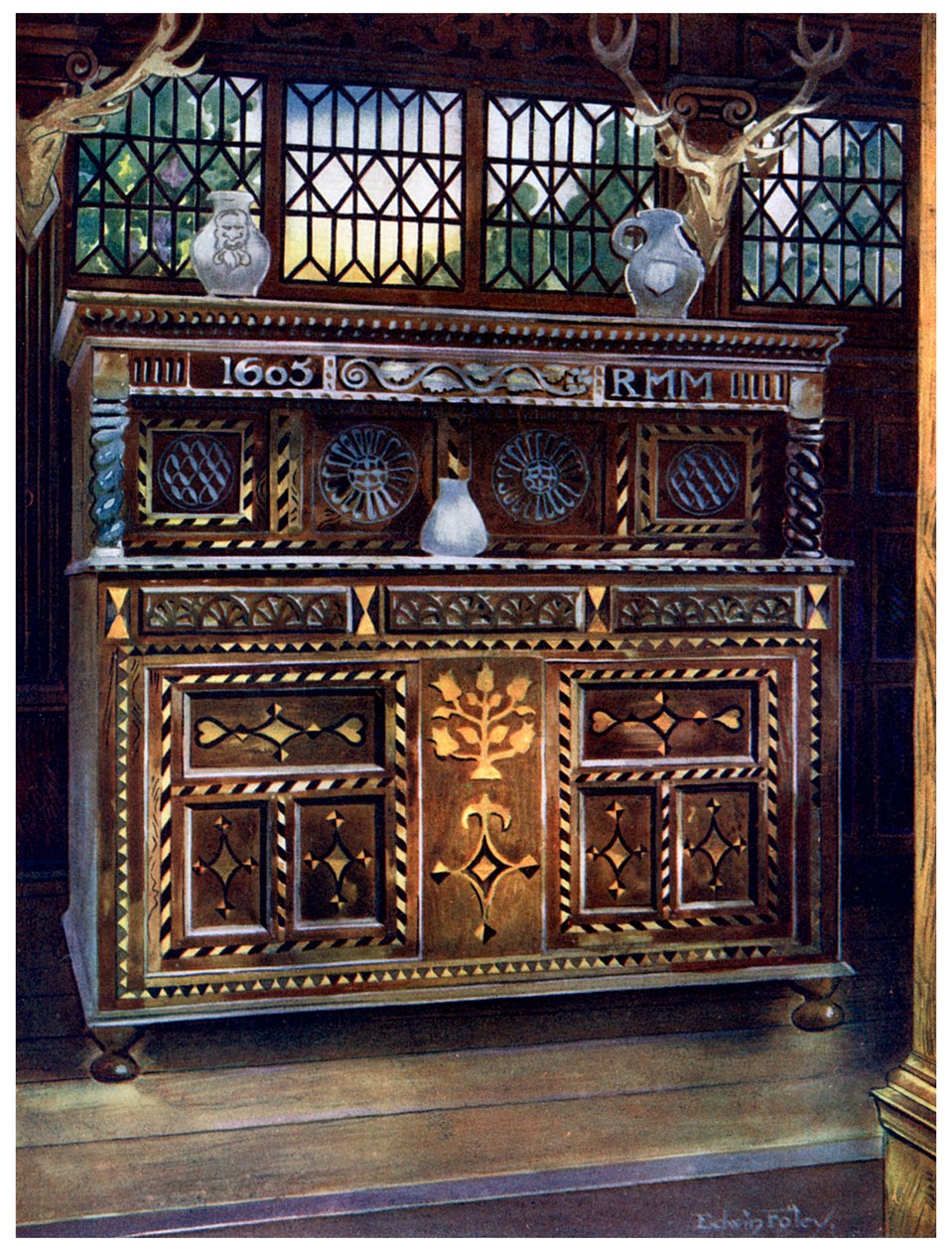 Aparador de roble tallado e incrustado, 1910 de Edwin Foley