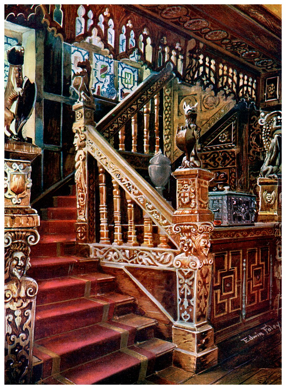 Escalera de roble tallada, Godinton, 1910 de Edwin Foley