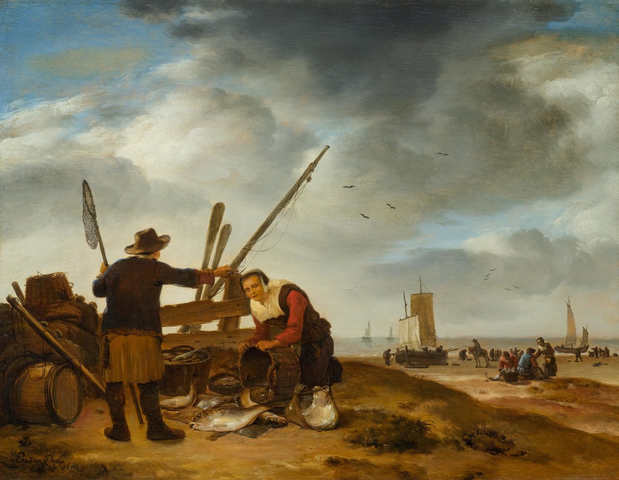 Vendedora de pescado en la playa de Scheveningen de Egbert van der Poel