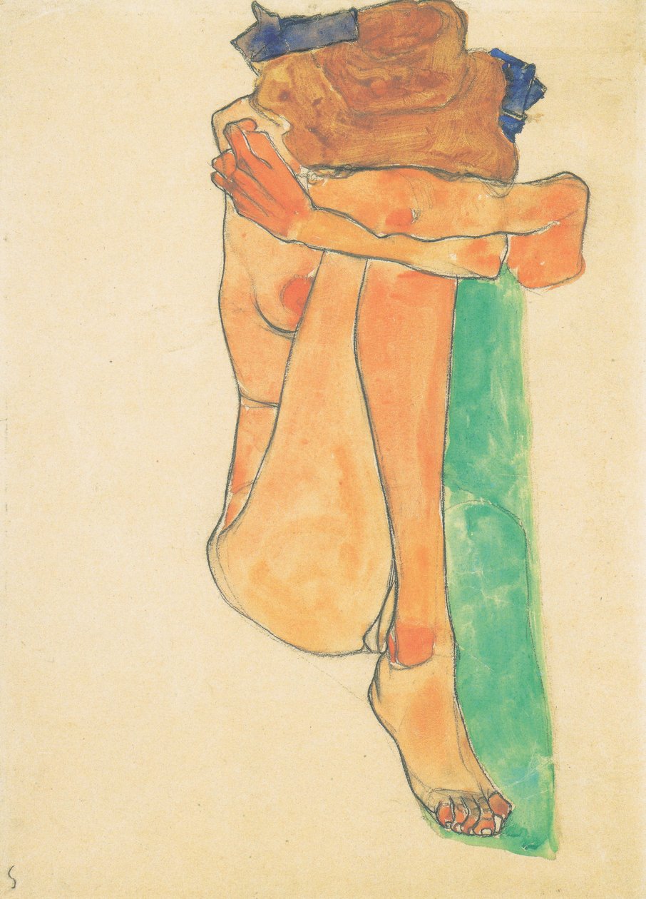 Desnudo femenino con cojines verdes de Egon Schiele