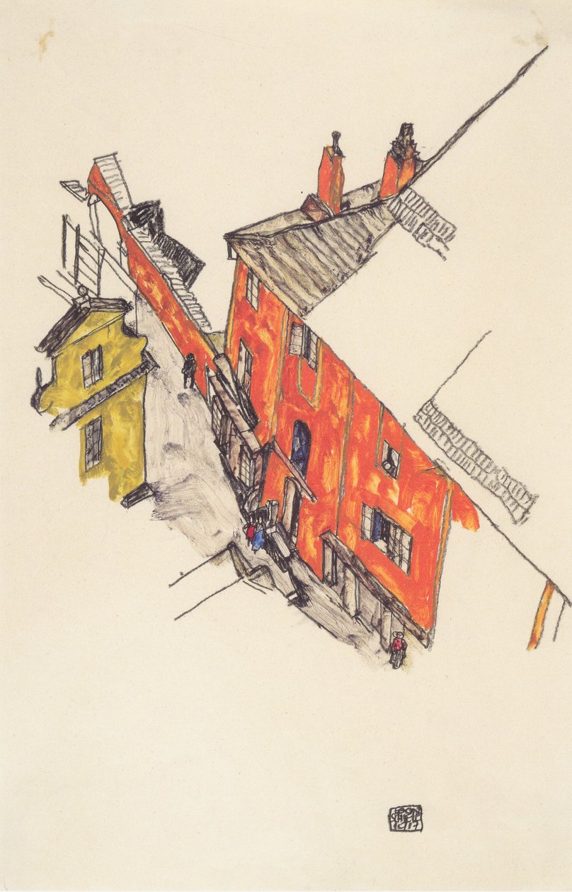 Viejas casas con hastial en Krumau desde Schlossberg de Egon Schiele