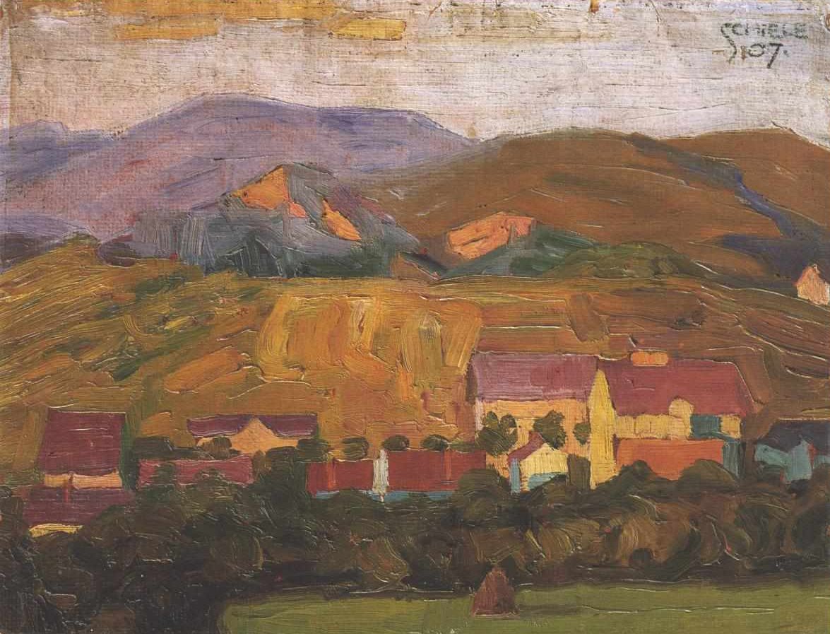 Pueblo con montañas de Egon Schiele