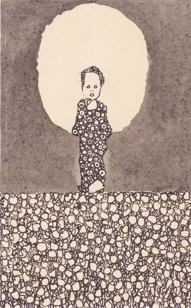 Niño con nimbo en un prado de flores de Egon Schiele