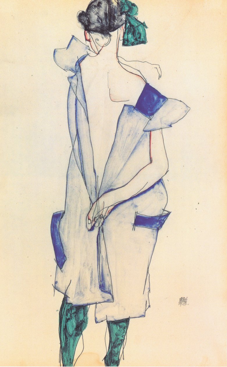 Vista trasera de una niña con falda azul de Egon Schiele