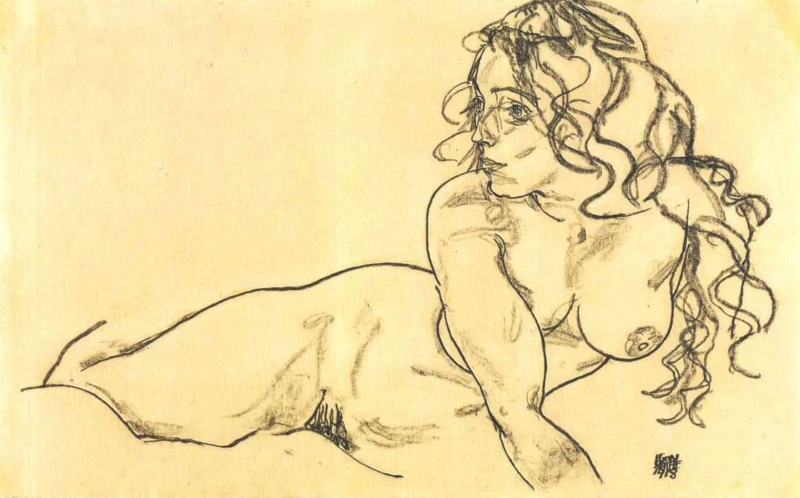 Desnudo femenino apoyado con cabello largo de Egon Schiele