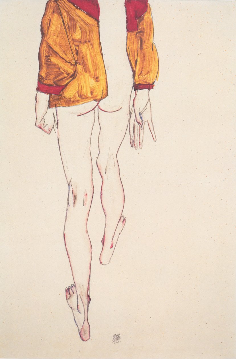 Semidesnudo de pie con camisa marrón de Egon Schiele