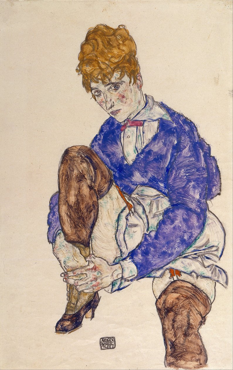 Retrato de la esposa del artista sentada, sosteniendo su pierna derecha de Egon Schiele