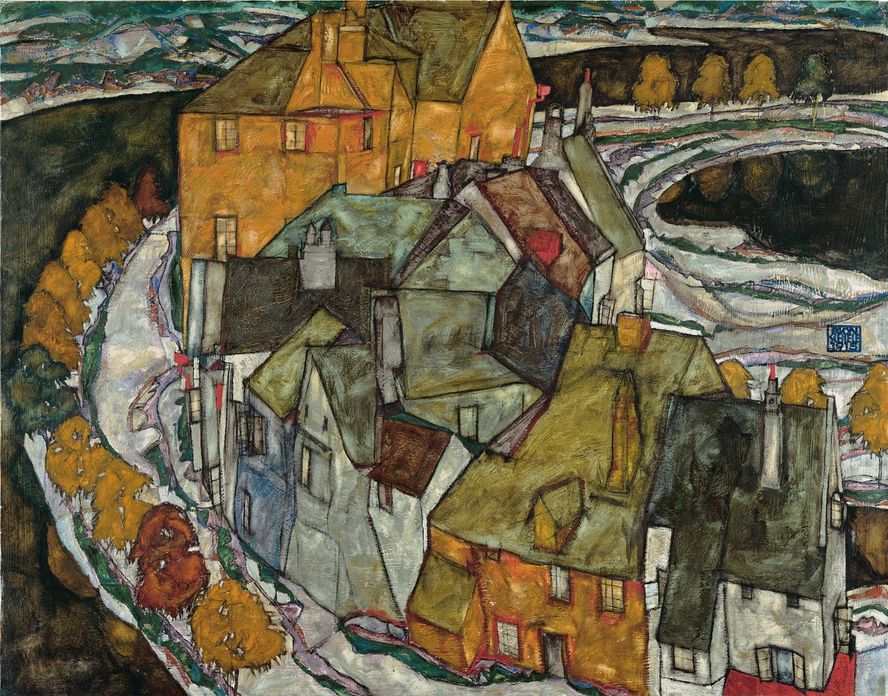 Creciente de casas II, Ciudad Isla, 1915 de Egon Schiele