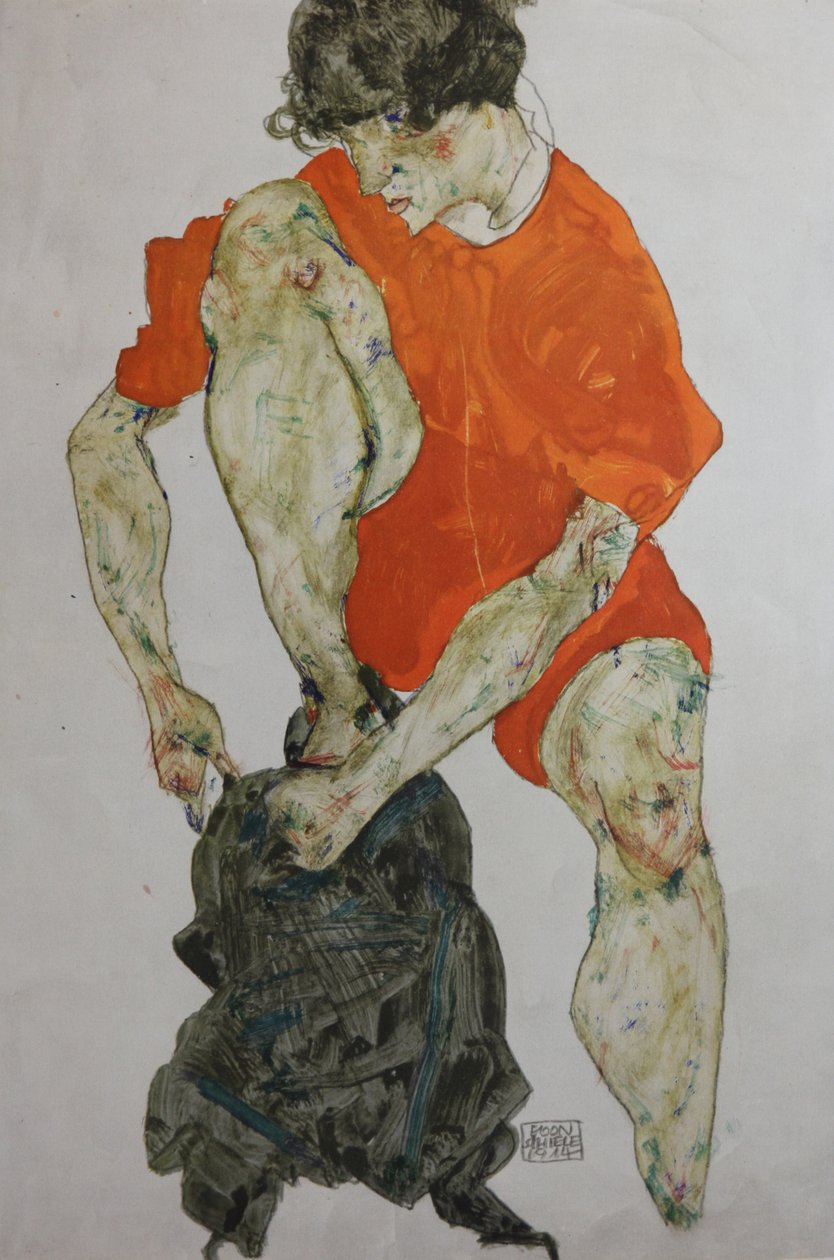 Modelo femenina en una túnica roja, 1914 de Egon Schiele