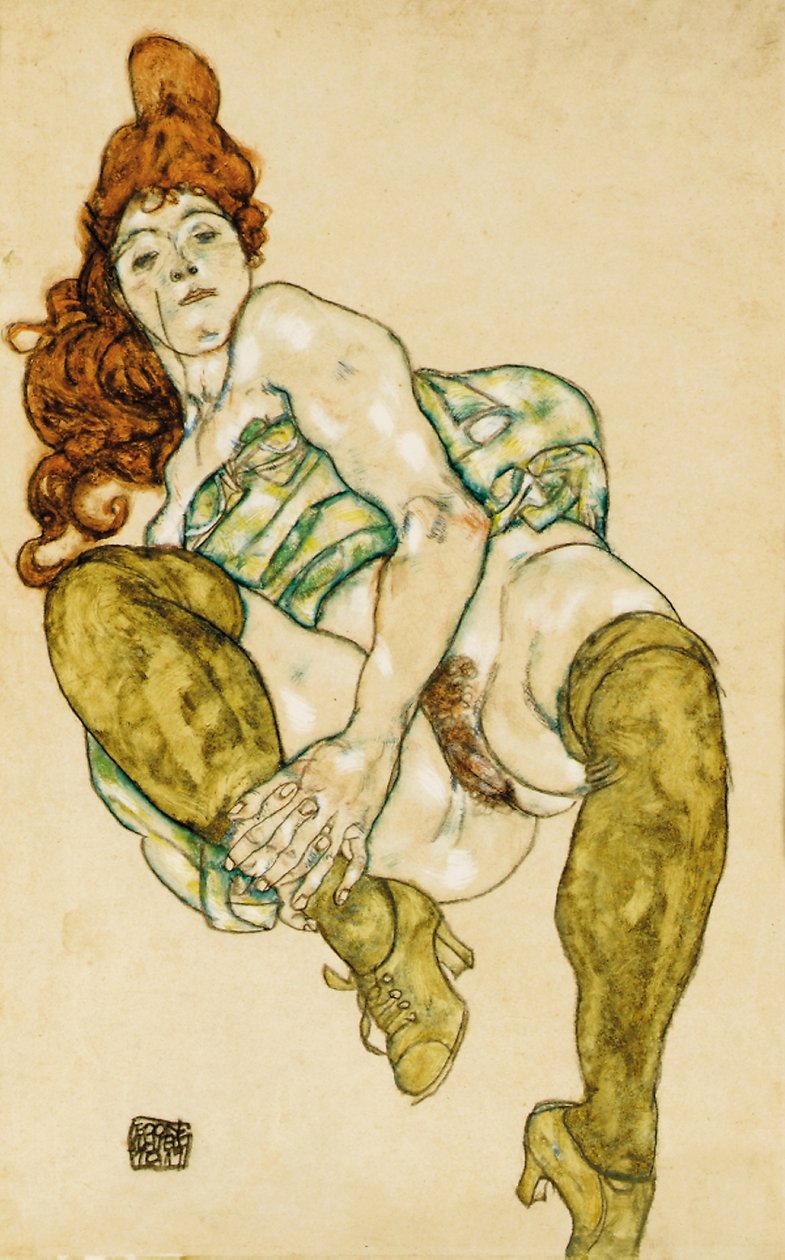 Desnudo femenino abrazando la pierna derecha, 1917 de Egon Schiele
