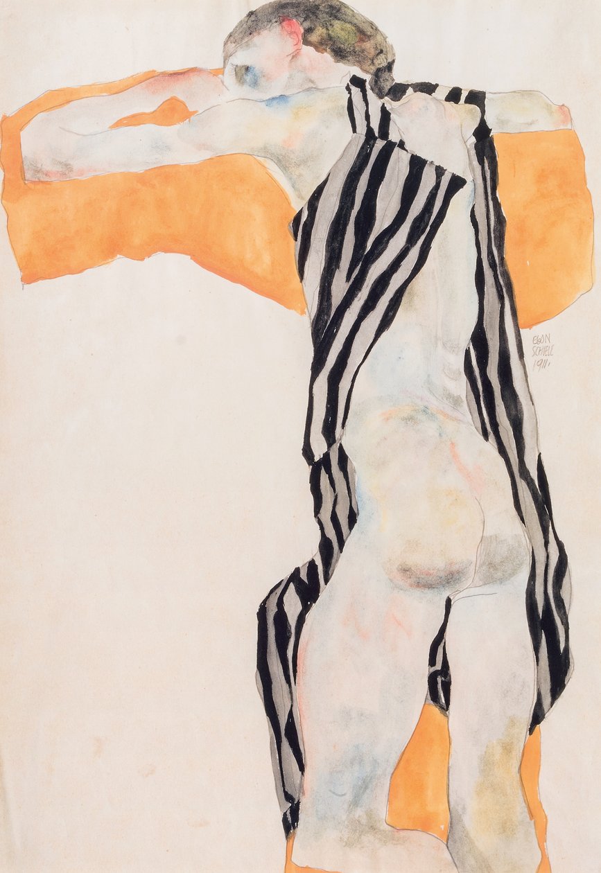 Chica Desnuda Reclinada con Blusa a Rayas, 1911 de Egon Schiele