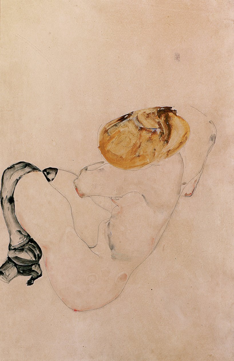 Niña asustada y agachada de Egon Schiele