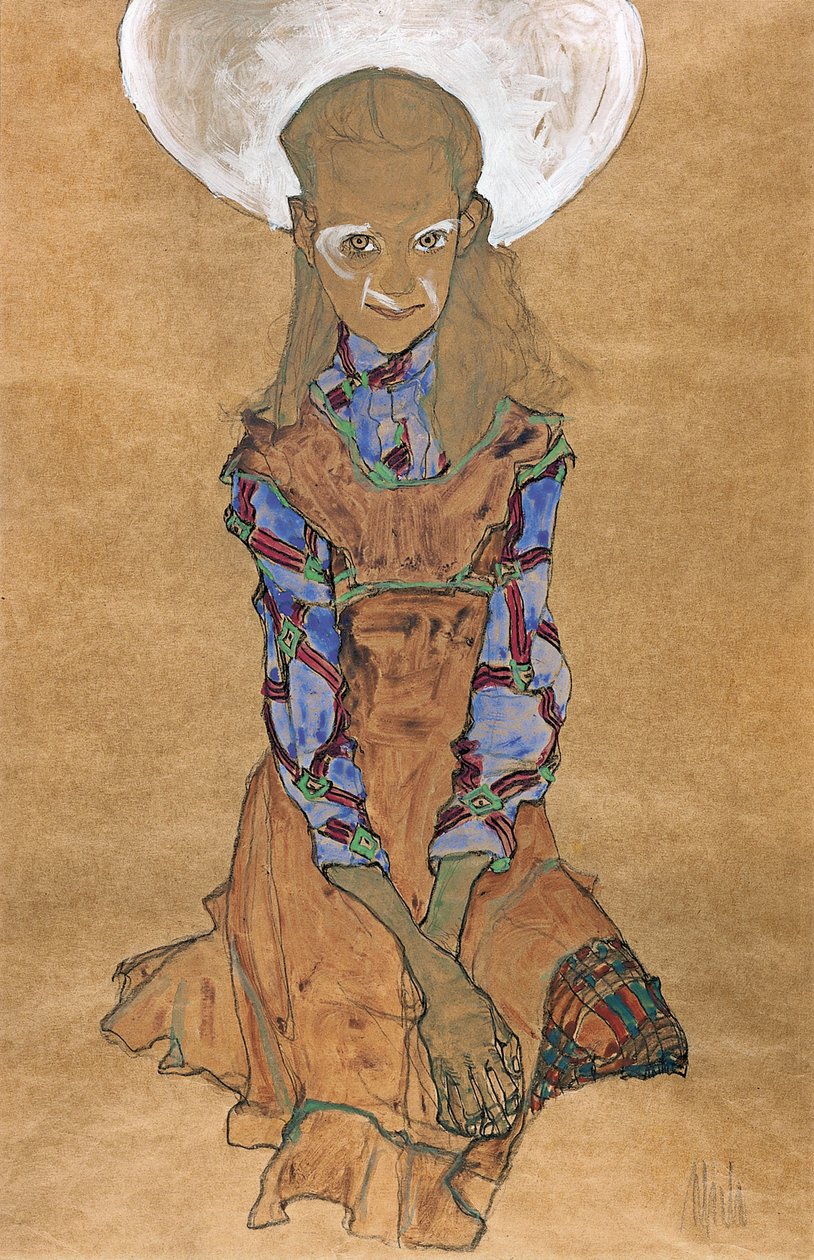 Niña sentada Poldi Lodzinsky, c. 1910 de Egon Schiele