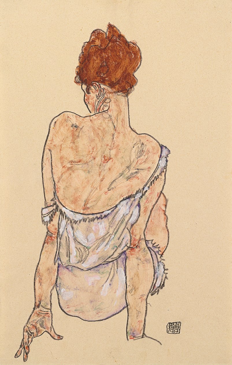 Mujer sentada en ropa interior, vista trasera, 1917 de Egon Schiele