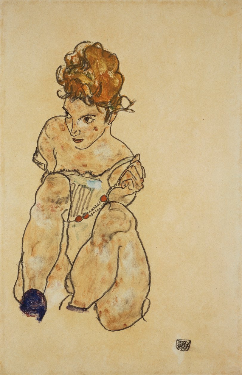 Chica sentada en ropa interior, 1917 de Egon Schiele