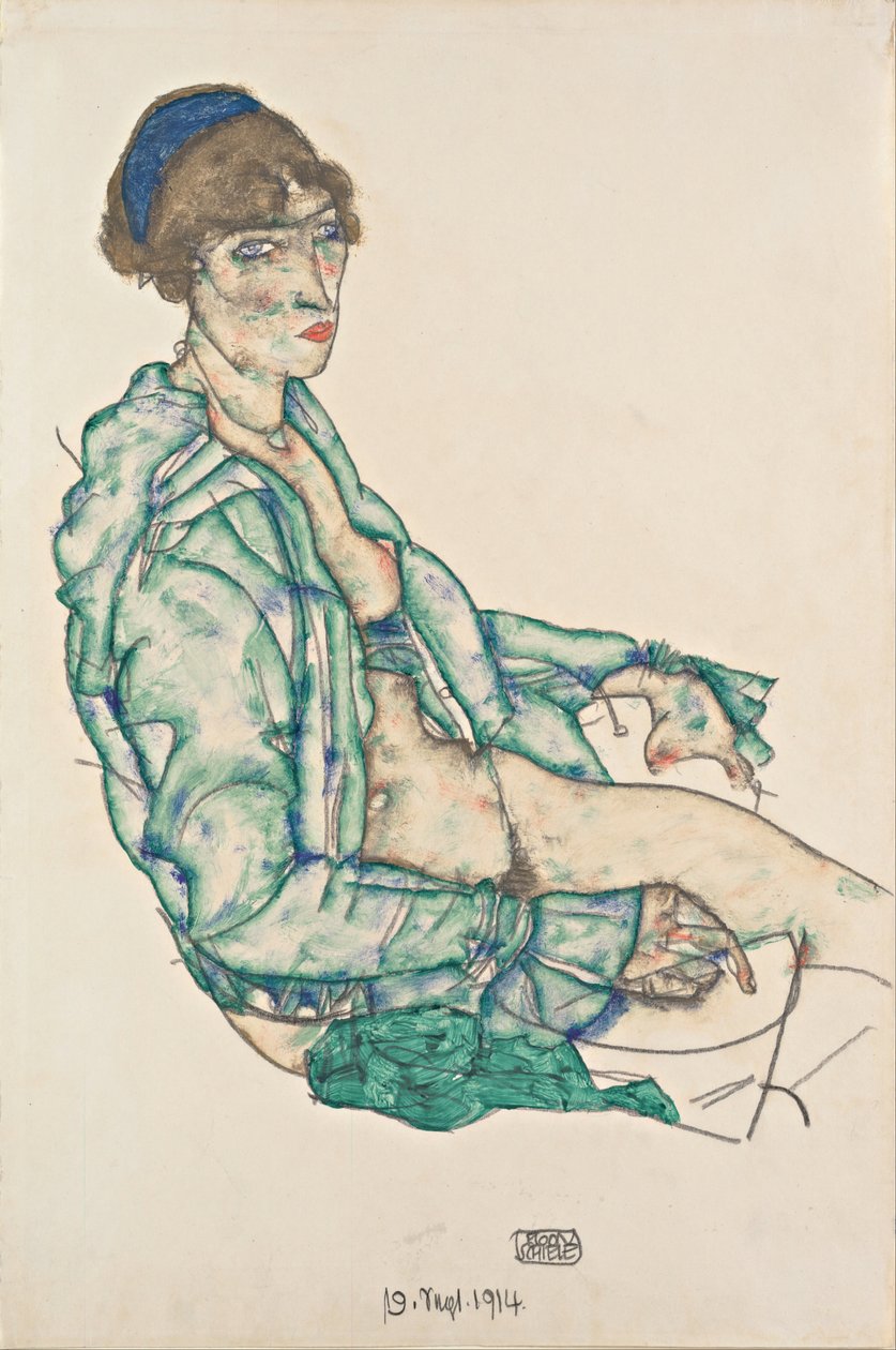 Semidesnudo sentado con cinta azul, 1914 de Egon Schiele